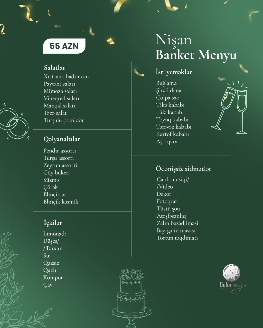 Nişan mərasimi üçün banket zalı və menyular