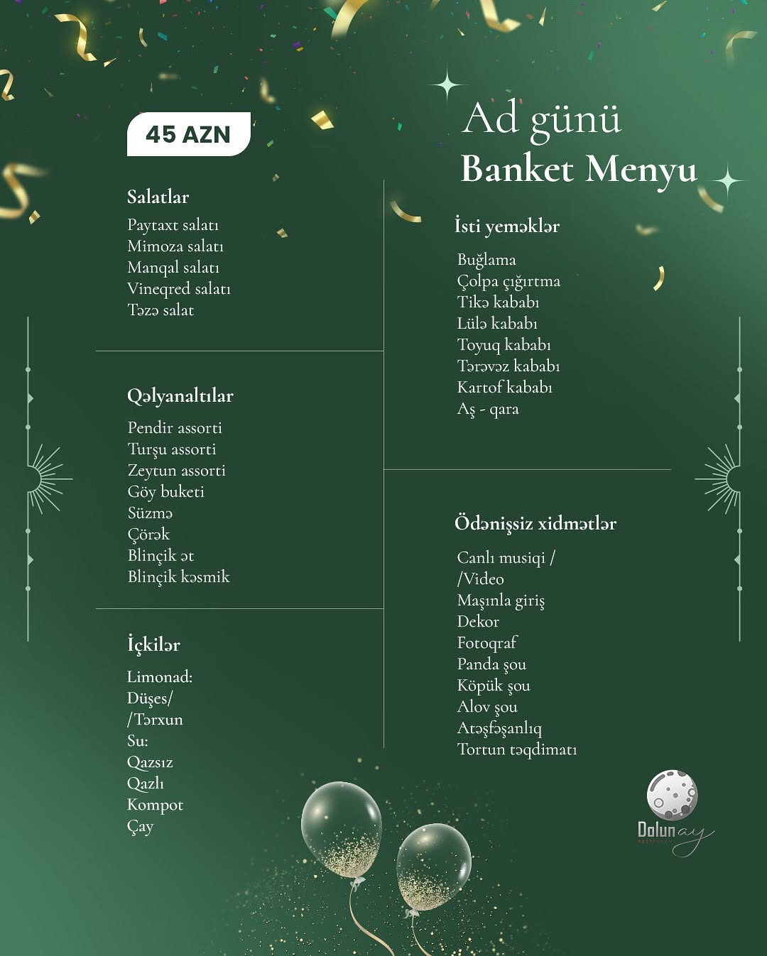 Ad günü banket xidməti və menyuları