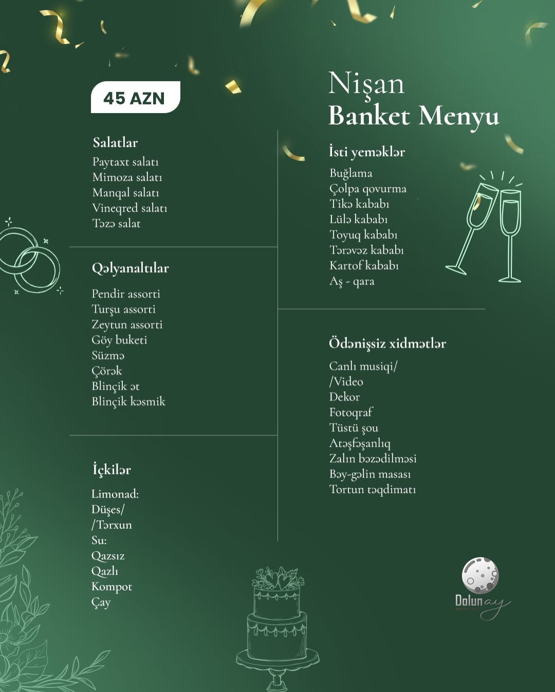 Nişan mərasimi üçün banket zalı və menyular