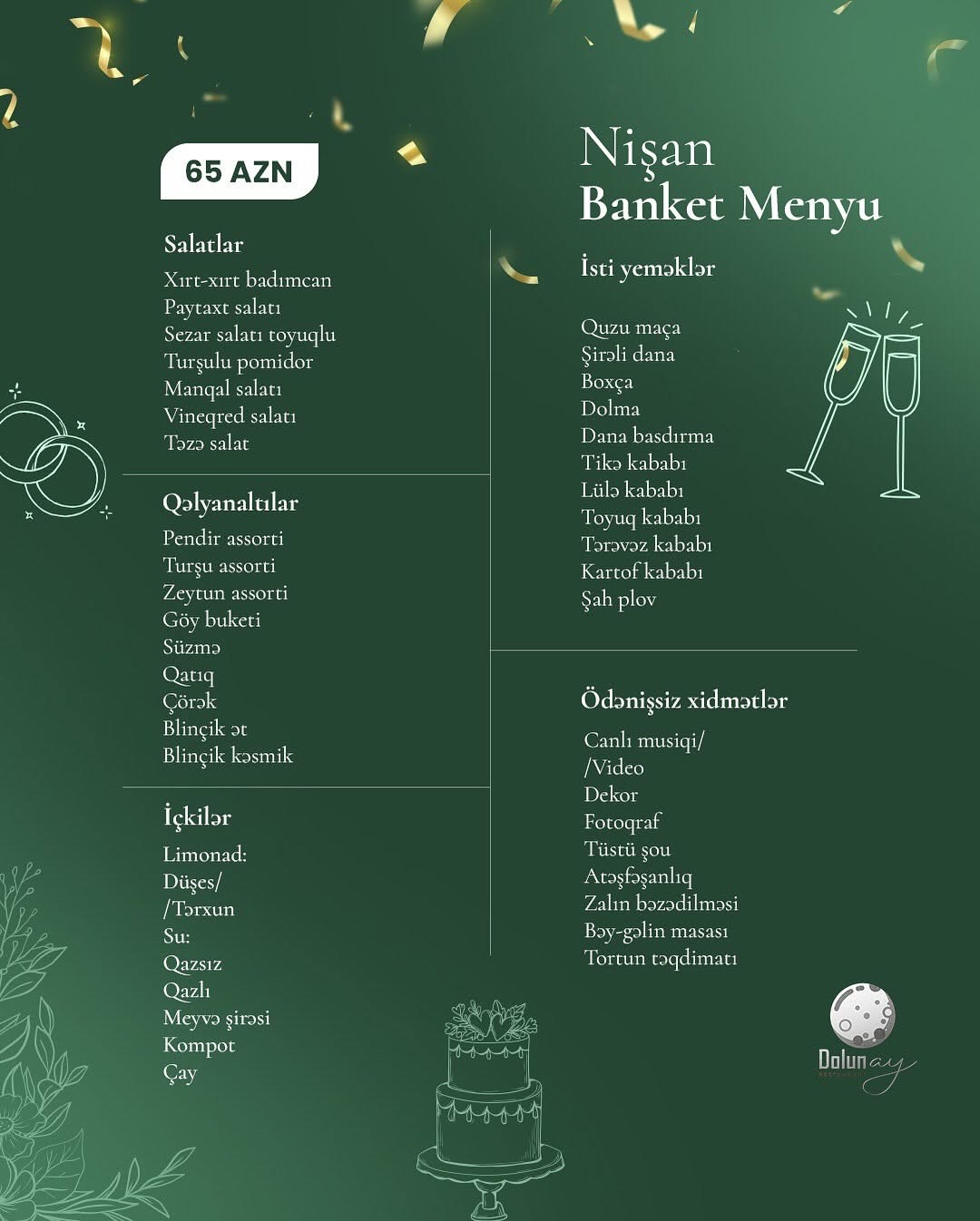 Nişan mərasimi üçün banket zalı və menyular