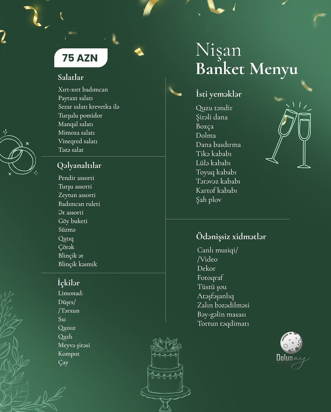 Nişan mərasimi üçün banket zalı və menyular