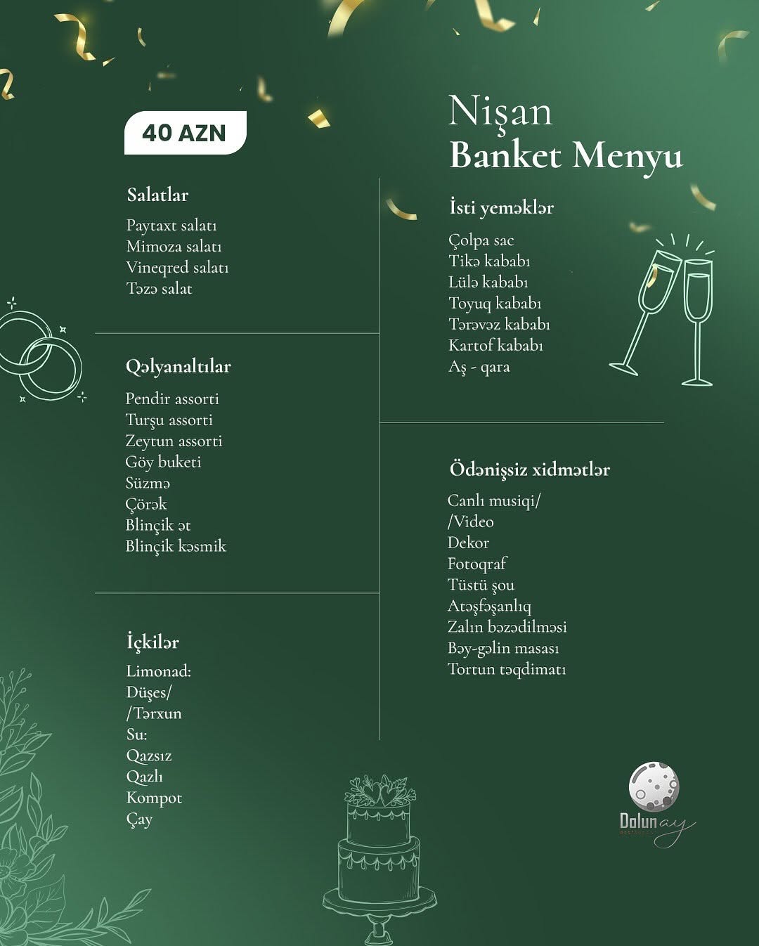 Nişan mərasimi üçün banket zalı və menyular